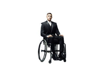 Young man in wheelchair, isolated on white background.
