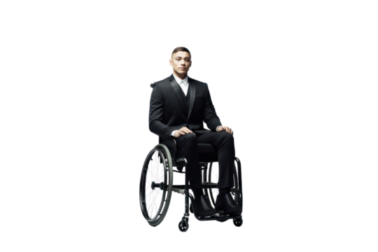 Young man in wheelchair, isolated on white background.