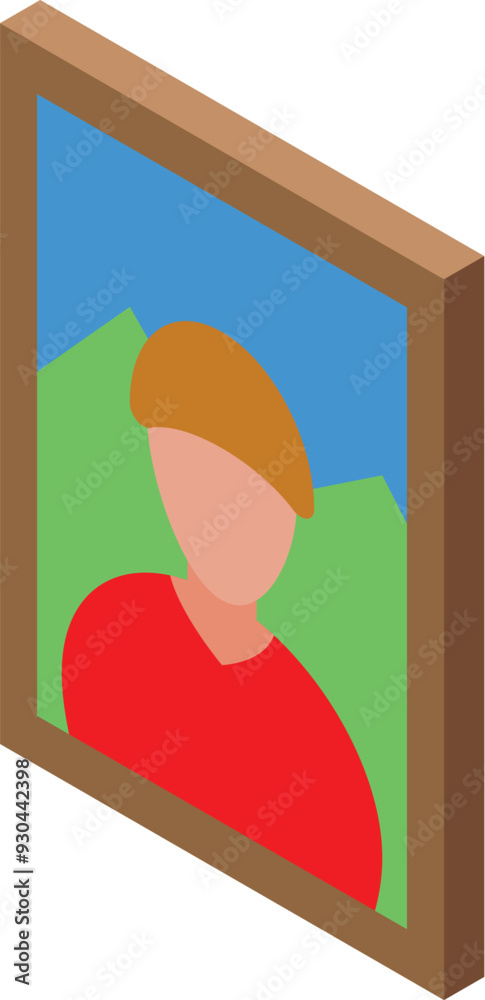 Wall mural portrait painting of a young man in a red shirt is displayed in a wooden frame