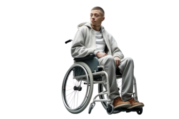 Young man in wheelchair, isolated on white background.