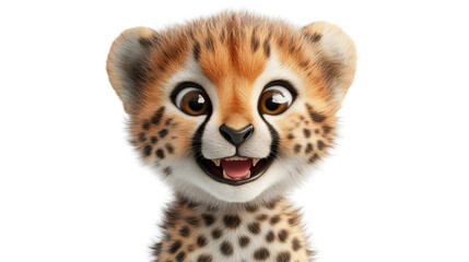 Obraz premium Realistic 3d render of a happy, furry and cute baby Cheetah smiling with big eyes looking strainght