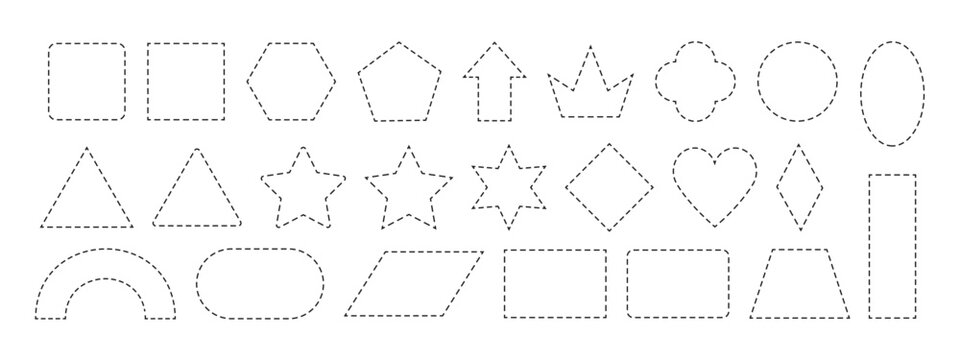 Dash line frames. Dashed outline shape cut line frame for coupon or voucher design. Basic geometric square, rectangle, circle and oval shapes and crown, star and heart symbols border vector set.
