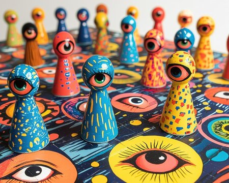 A colorful board game with hidden eyes in the game pieces, encouraging viewers to play and find them, Eye spy puzzle, playful discovery, engaging fun