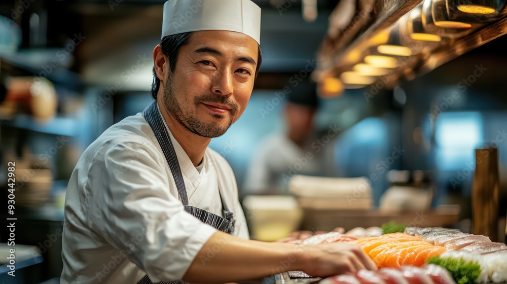 Wall mural sushi chef slicing fresh fish with precision, highlighting the skill and artistry in japanese cuisin