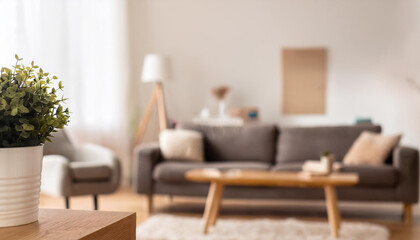 Fototapeta premium Blurred interior of living room with sofa and armchairs