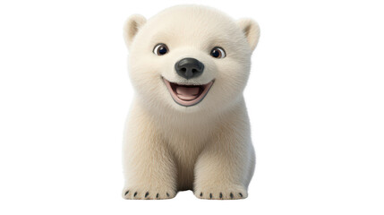 Realistic 3d render of a happy, furry and cute baby Polar bear smiling with big eyes looking strainght