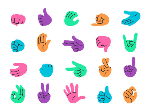 Colorful hand gestures collection. Thumbs up, pointing finger, fist and palm, okay gesture and peace hand signs. Doodle hands icon stickers vector set.