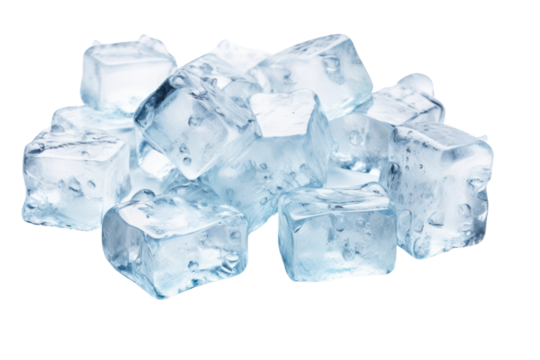 Crushed ice cubes scattered on a flat surface, isolated on a white background.