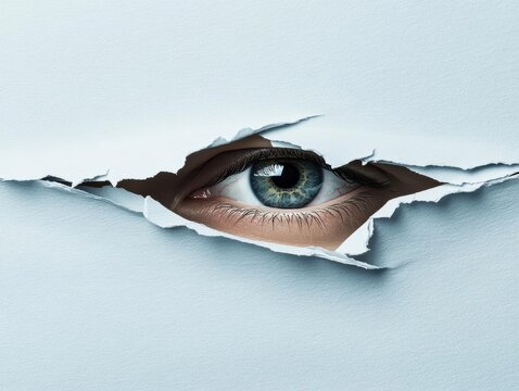 An eye hidden behind layers of torn paper, spy theme with a focus on secrets, textured details, mysterious and intriguing composition, muted colors