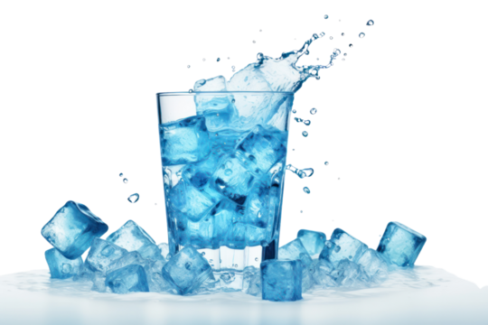 Crushed ice cubes in bright blue cocktail, isolated on white background.