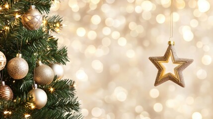 Obraz premium A close-up view of golden star ornaments on a Christmas tree with a soft, blurred backdrop of shimmering golden lights creating a joyful holiday ambiance