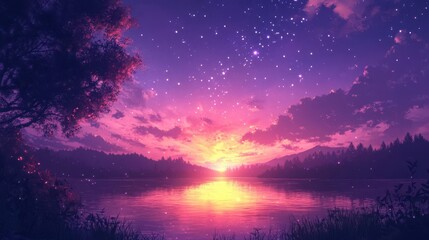 Obraz premium Silhouetted trees and mountains reflect in a still lake at sunset, with a vibrant purple sky and twinkling stars.