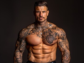 Fototapeta premium Muscular shirtless man with extensive body tattoos posing in a studio against a dark background.