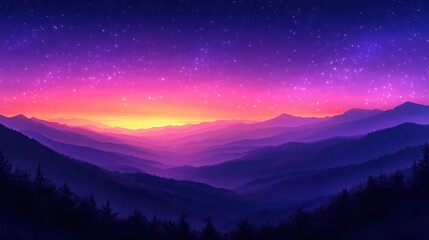 Vibrant purple and orange sunset over a mountain range with a starry sky.