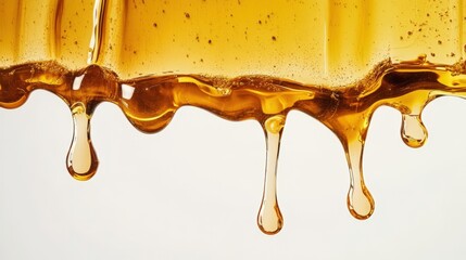 Golden syrup dripping slowly, showcasing its glossy texture against a plain background, ideal for...