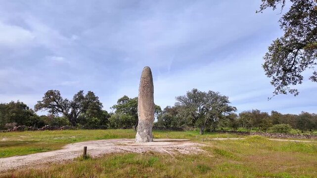 The Standing Stone, Menhir of Meada at Castelo de Vide, Portugal. The largest of the Iberian Peninsula. A mysterious monument from prehistory, with a phallic shape and representing fertility.