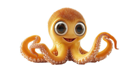 Realistic 3d render of a happy, furry and cute baby Octopus smiling with big eyes looking strainght