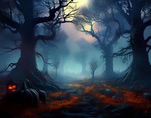 Fototapeta premium dark misty forest panorama fantasy halloween landscape