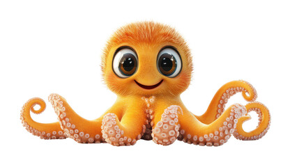 Realistic 3d render of a happy, furry and cute baby Octopus smiling with big eyes looking strainght