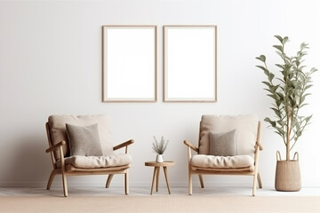 Minimalistic living room with two cushioned armchairs, a small wooden table with a plant, a large potted plant, and two blank picture frames on the wall