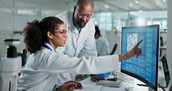 Scientist, woman and man on computer screen in lab for research, vaccine medicine or experiment support of innovation. Team, people and pc for conversation, information and pharmaceutical development