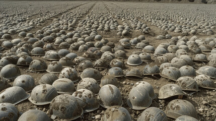 Fototapeta premium Vast land covered with rows upon rows of military helmets on football fields, each representing a soldier lost in battle