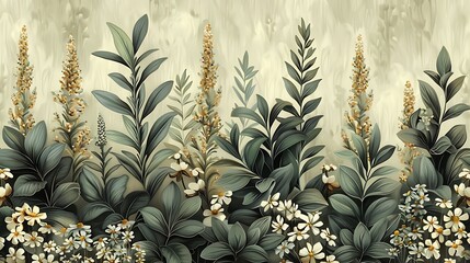 Fototapeta premium Seamless herb garden wallpaper featuring hand-drawn vintage illustrations of rosemary, sage, and thyme, soft earthy green background, rustic greenery, natural light, intricate details,