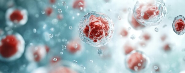 Microscopic view of red cells floating in a blue background, showcasing intricate details of biological structure and movement.