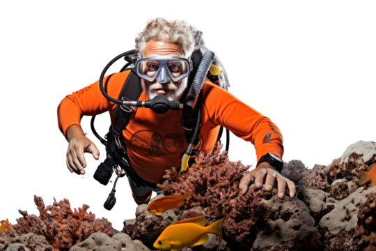 Underwater photo of an elderly man diving and exploring a coral reef, isolated on white background.