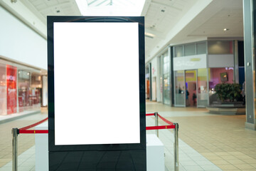 Vertical Mockup Blank Screen billboard store in Shopping Mall. Empty space for insert your advertisement, information to public at shopping mall. High quality photo