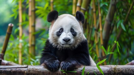 Fototapeta premium A Curious Panda Cub Resting on a Bamboo Branch