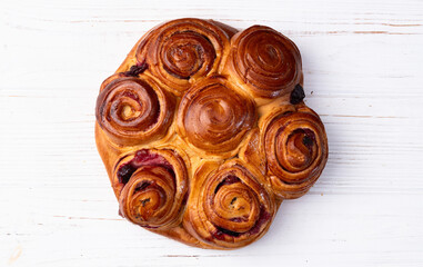 Homemade cake pie roll with cherry . Food background