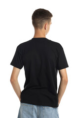 Teenage boy wearing black t-shirt on white background, back view