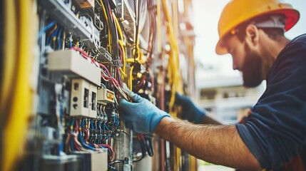 A close-up of workers installing electrical wiring in a building under construction