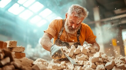 Blacksmith Skillfully Applying Cement to Bricks, Expertly ensuring strong adhesion for durable masonry, Focused on the bonding process, Work area showcasing craftsmanship
