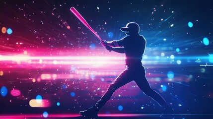 Obraz premium A silhouette of a baseball player swinging a bat against a vibrant, colorful background.