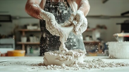 Cement Casting Process, blacksmith pouring cement into intricate molds, showcasing skilled craftsmanship and custom fabrication in an open workshop environment