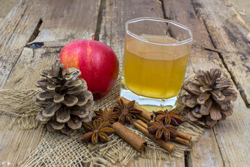 Apple juice, fresh apples, cinnamon sticks and anise stars