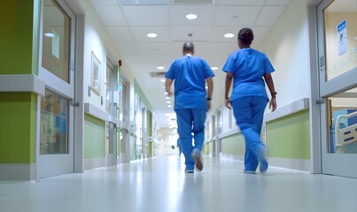 Hospital Staff Walking Down Hallway in Scrubs