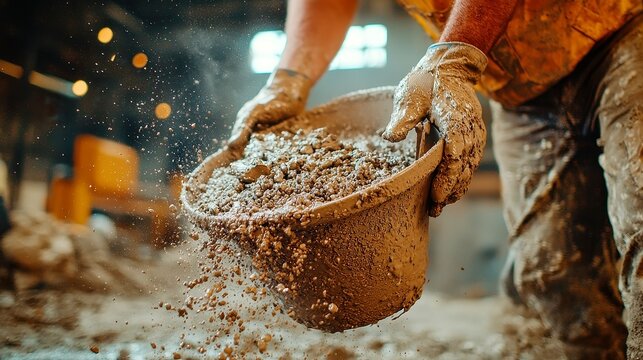 Cement Mixing Process, Blacksmith skillfully combining sand, water, and cement in a mixer, preparing materials in a spacious workshop, showcasing craftsmanship and dedication