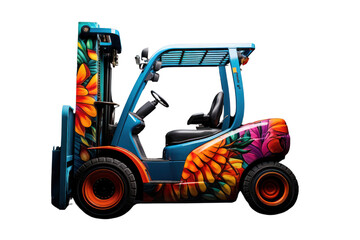 Fototapeta premium Electric pneumatic forklift transformed into artwork on white background.