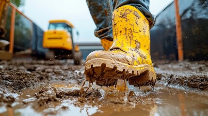 Construction Worker in Muddy Boots, navigating a challenging site with wet conditions, focused on tasks amidst the mess, embodying resilience and determination in difficult environments