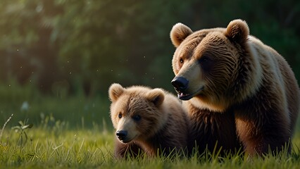 Obraz premium A mother bear and her cub stroll together through a lush green field, showcasing their bond in nature. 
