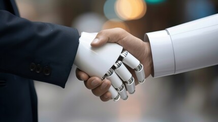 A business professional shakes hands with a robotic hand, symbolizing the partnership between technology and humanity.