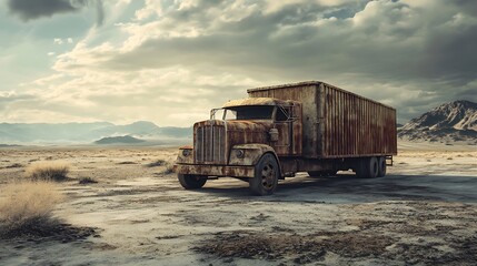 Rusty Semi-Truck Abandoned in a Desert Landscape