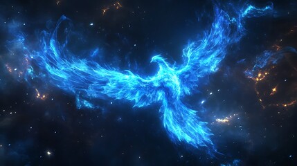 Ethereal Phoenix: Blue Flame Particle Soaring Through Starless Night