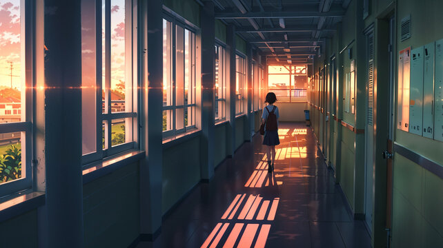 An anime character walks alone in an empty school corridor after hours, with the setting sun casting long shadows, creating a calm, introspective atmosphere.