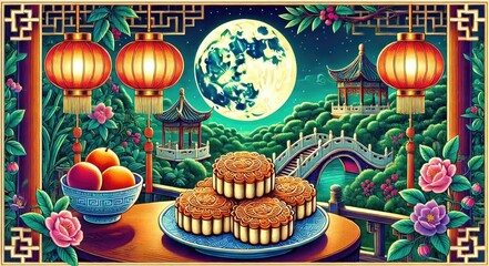 mid-autumn celebration with mooncakes, tangerines and lanterns, with the full moon in the background in a classic Chinese garden
