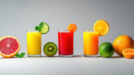 Fototapeta premium Vibrant assortment of fresh fruit juices, including orange, grapefruit, and kiwi, displayed with colorful fruits and mint leaves.
