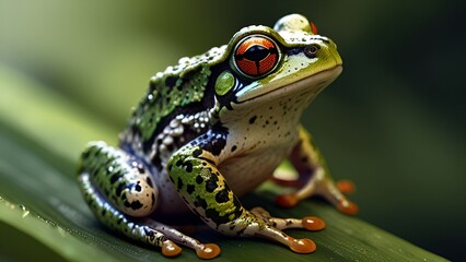 Obraz premium A frog perched on a vibrant green leaf, surrounded by a lush green background, showcasing nature's tranquility